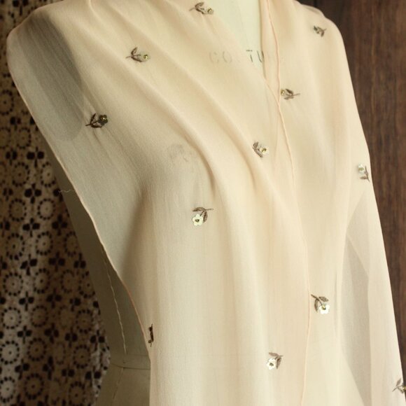 Echo Womens Scarf, Pink Silk Chiffon with Embroidered and Sequin Flowers - Picture 4 of 14